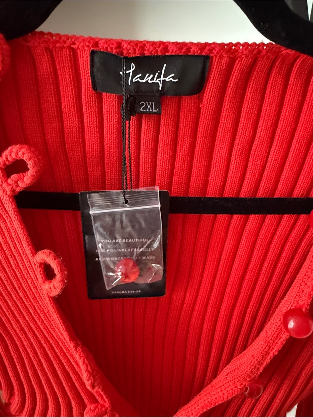 HANIFA Red Ribbed Cropped Cardigan with Loop-Button Trim - Picture 2 of 6